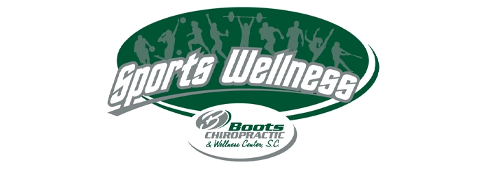 Graphic logo for Sports Wellness by Boots Chiropractic & Wellness Center, featuring silhouettes of athletes and fitness activities.